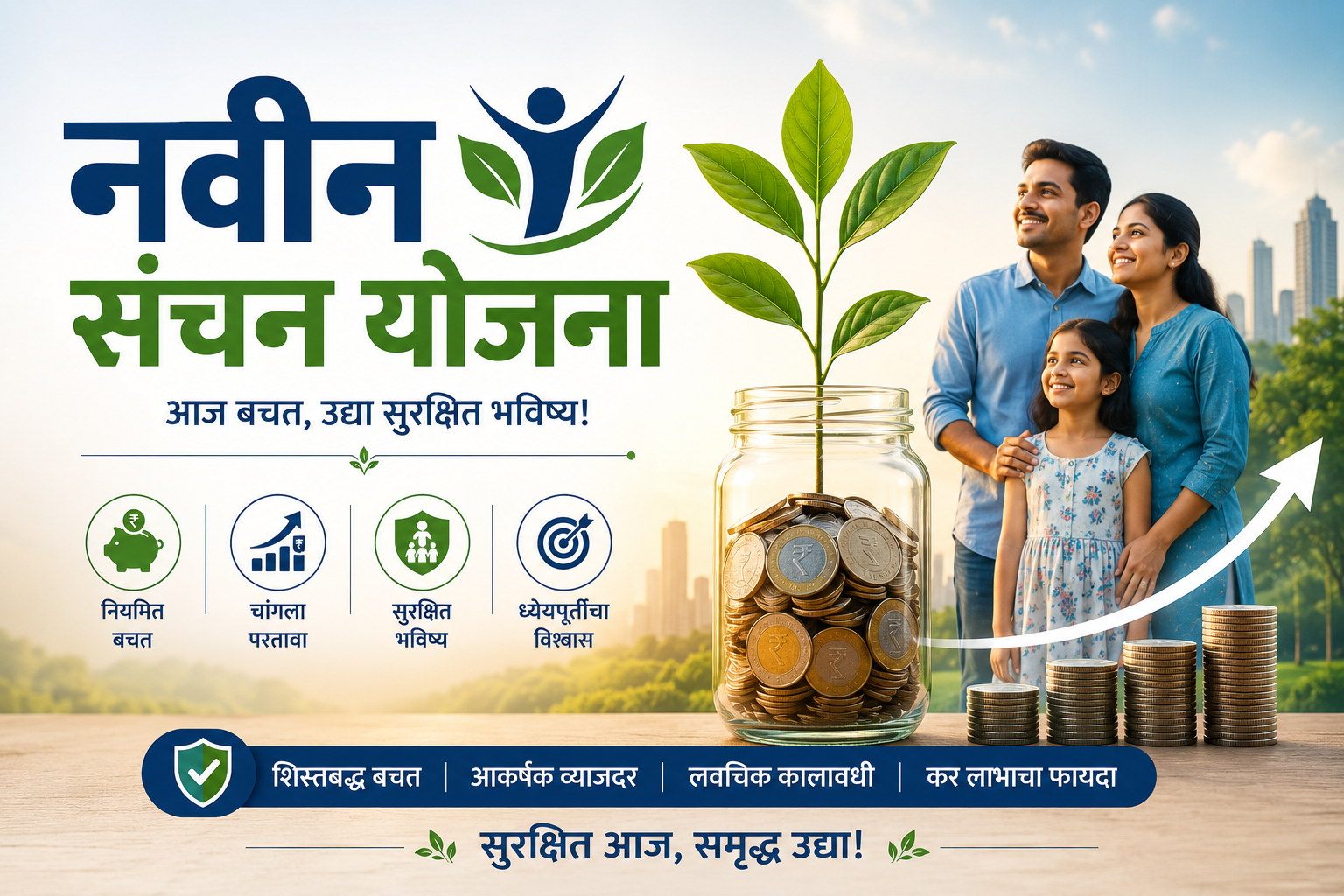 नवीन संचन योजना – बचत आणि सुरक्षित भविष्य दर्शवणारी प्रतिमा