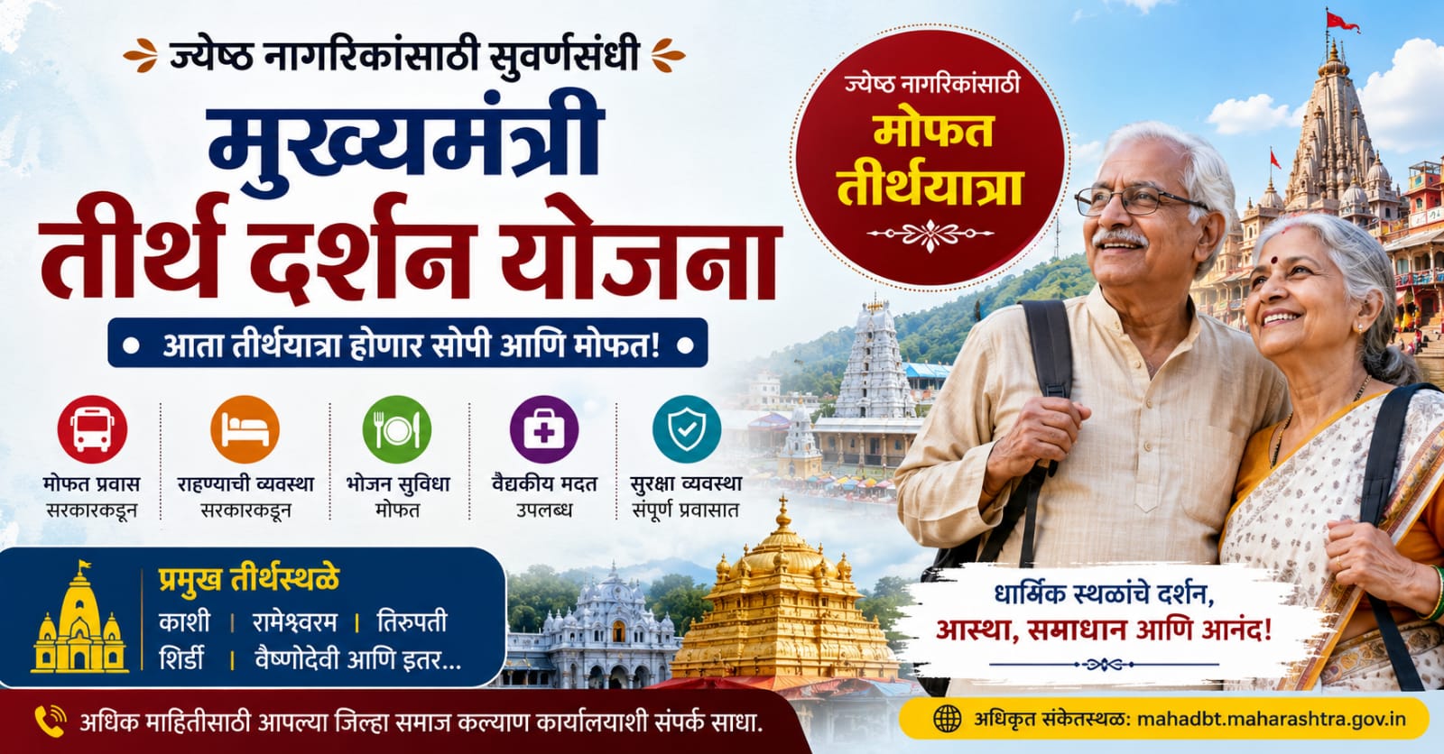 Mukhyamantri Tirth Darshan Scheme 2026 (मुख्यमंत्री तीर्थ दर्शन योजना) ची माहिती दर्शवणारे मराठी फीचर इमेज, ज्यामध्ये ज्येष्ठ नागरिकांसाठी मोफत तीर्थयात्रा, प्रवास, निवास व भोजन सुविधा दाखवण्यात आल्या आहेत